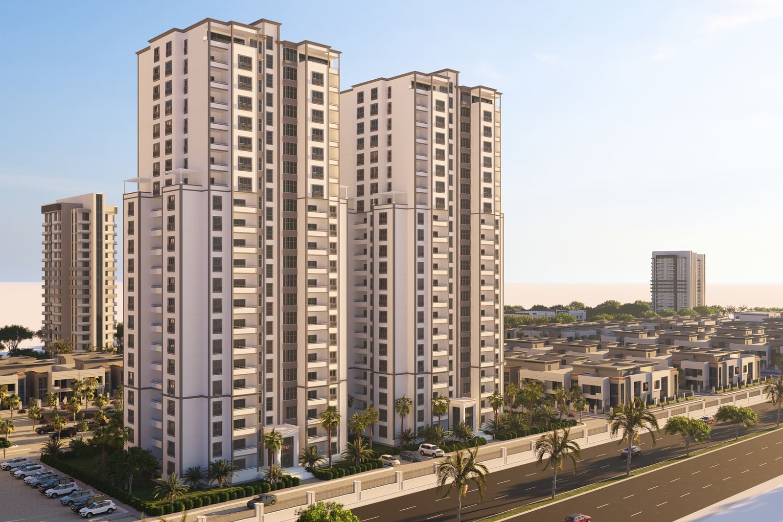 Sidra Towers street view at golden hour